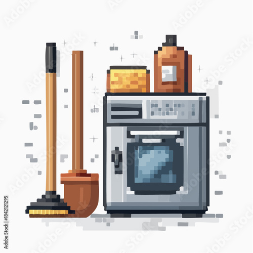 Pixel art illustration of cleaning supplies, including a broom, dustpan, and washing machine with detergent, evoking a sense of household chores and tidiness
