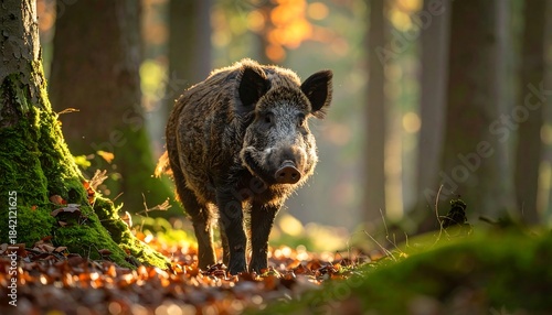 A wild boar, illuminated by sunlight, stands in a forest with brown leaves