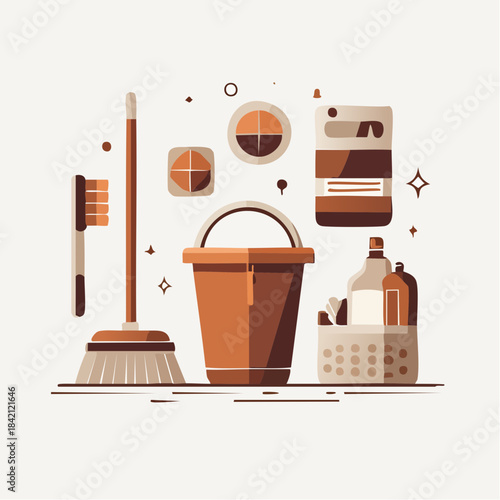 A Collection of Household Cleaning Supplies Including a Broom, Bucket, and Cleaning Bottles, Presented in a Flat Design Style