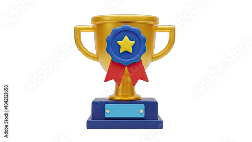 Golden Trophy Award with Blue Ribbon and Star Emblem on a Dark Blue Pedestal Against a Transparent Background Realistic 3D Render