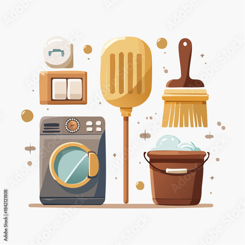 Modern flat design illustration of essential household cleaning tools and appliances, depicting efficient domestic chores and home maintenance routines for a sparkling home