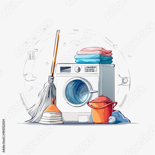 Modern Household Laundry and Cleaning Essentials Illustration featuring Washing Machine, Mop, and Supplies for Domestic Chores and Home Maintenance