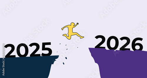 Silhouette jumping from 2025 to 2026 cliff at sunset new year 2026 concept of hope and progress.