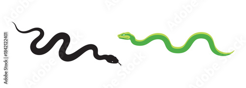 Green and Black Snake Vector Illustration Set. Winding Reptile Icons