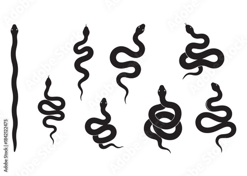 Black Snake Silhouettes Set - Various Coiled and Wavy Reptile Vector Icons