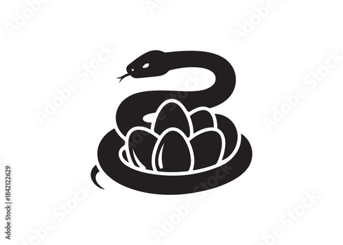 Black Silhouette Icon of a Snake Coiled Around and Guarding Eggs