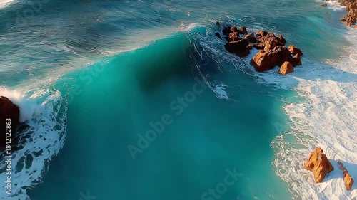 Aerial view of turquoise waves crashing on rocks