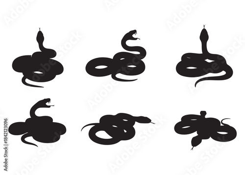Set of Six Black Snake Silhouettes Isolated on White Background