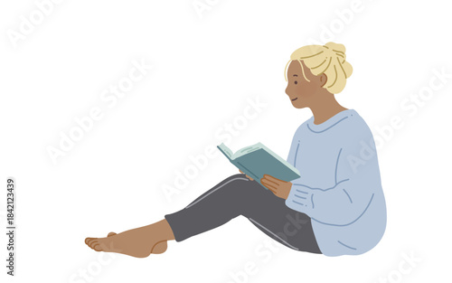 読書をする女性のイラスト　ニュートラル・くすみカラー