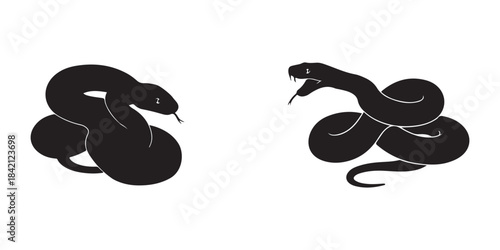 Two Black Coiled Snake Silhouettes Vector Illustration - Aggressive and Calm