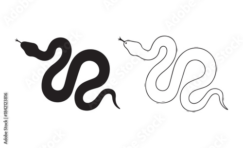 Black Snake Silhouette and Outline Drawing Set. Coiled Serpent Icons.