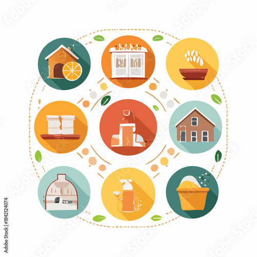 Collection of illustrated farming and food production icons arranged in a circular pattern