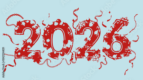 Vibrant red 2026 text with confetti and ribbons on light blue background