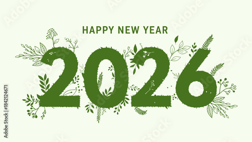 Happy new year 2026 green typography with leafy floral elements on light green background