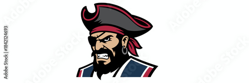 Determined Pirate Mascot Gritting Teeth with Eye Patch, Tricorn Hat Illustration for Sports Team Branding, School, College Logo Design on White Background, Vector Graphic Presentation for Marketing, A