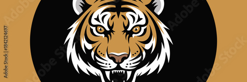 Majestic Tiger Mascot Head Stare - Intense Gaze in Black Circle Backdrop, Wildlife Predator Symbol for Sports Team, Business Branding, Fearless Vector Illustration Graphic with Strong Eyes, Golden Fur