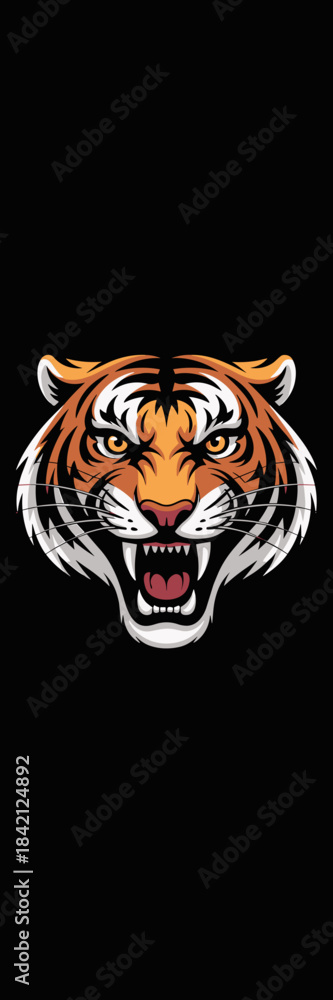 Obraz premium Roaring Tiger Head Graphic: Striking Feline Mascot with Angry Expression on Black Backdrop, Ideal for Sports Team Logos, Wildlife Awareness, Strength Symbolism, Digital Art, Print Design & Bold Brandi