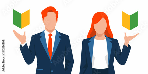 New Business Professionals Presenting Wakaba Mark Concepts with Open Hands, Standing in Modern Office Setting, Symbolizing Beginning, Growth, Introducing Opportunities, Innovation, Offering Solutions