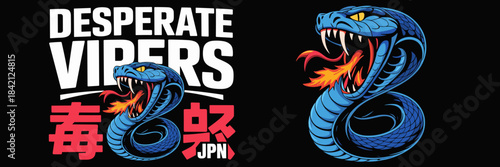 Aggressive Viper Striking with Fiery Breath in Japanese Style Design, Representing Power and Danger in Martial Arts Culture, Ideal for Tattoo Art and Edgy Fashion Brands, Featuring Bold Blue and Red C