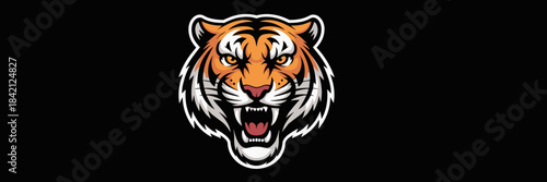 Intense Tiger Mascot Roaring with Ferocious Expression on Black Background for Sports Team Emblem or Esports Logo Design, Animalistic Power and Aggression, Strength in Competition, Modern Graphic Illu