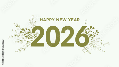 Happy new year 2026 green typographic design with floral elements on light green background