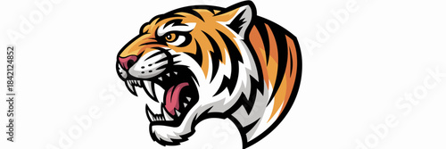 Roaring Tiger Head with Fierce Expression Ready to Strike in Bold Cartoon Style for Mascot Design, Sport Team Logo, or Intense Graphic Imagery –  Wildlife Predator, Jungle Beast, Angry Feline,  Aggres
