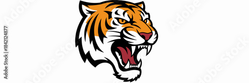 Roaring Tiger Head Mascot Illustration with Intense Gaze, Aggressive Expression on White Background for Sports Team, School, Business Branding, Animal Wildlife Conservation, Cartoon Style Design, Fier