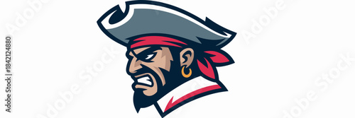 Fierce Pirate Mascot Head Illustrating Aggression in Gray Tricorne Hat and Red Bandana, an Emblematic Symbol for Sports Team Identity and Brand Marketing in Digital Media and Team Apparel Design, Depi