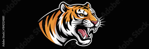 Fierce Tiger Roaring Aggressively with Sharp Teeth in Vector Illustration on Black Background for Sports Team Mascot, Graphic Design, Marketing Campaign, Brand Identity, Wildlife Conservation, Powerfu