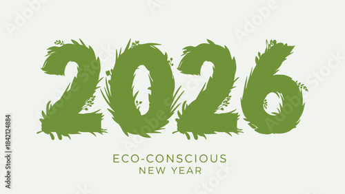 Eco conscious new year 2026 green text on light background