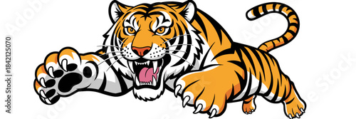 Roaring Tiger Mascot Charging Forward Aggressively for Sports Team Logo in Isolated Studio Setting, Embodying Power & Ferocity for Competitive Edge, Representing Strength in Marketing & Advertising wi
