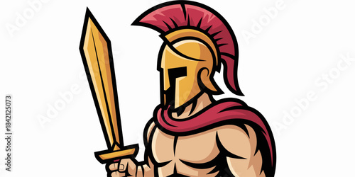 Muscular Spartan Warrior Gripping Sword in Battle Stance Illustration, Ancient Greek Soldier Defending Homeland, Military Might, Strength and Victory in Classic Mythology, Bold Colors, Graphic Style L