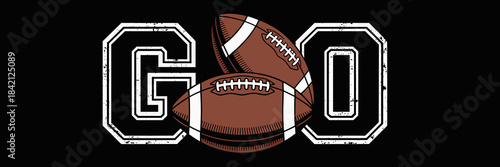 American Football Game Day Excitement: Team Spirit Illustration for Sports Event Promotion, Featuring Vintage Style Lettering and Textured Footballs on a Bold Black Background, Ideal for Fan Apparel,