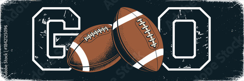 American Football Game Day Celebration with Two Footballs and Grunge Text, Sporting Event Excitement for Competitions and Championships, School Spirit Illustration for Presentation, Marketing, and Adv