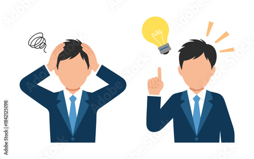 Illustrative Business Professional Navigating Problem Solving with Eureka Moment, Showing Confusion then Innovative Solution in Office Setting, Visualizing Strategy for Presentation and Marketing, Cre