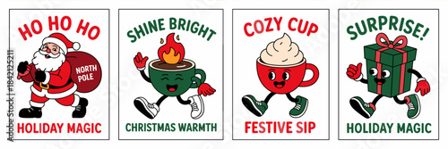 Festive Christmas Cartoon Characters Delivering Holiday Cheer: Santa Claus, Cozy Cup, Fire Latte & Gift Box Bring Holiday Magic and Christmas Warmth, Shine Bright with Festive Sip, for Holiday Celebra