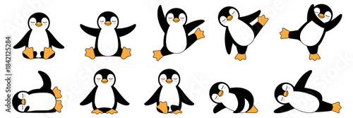Cute Penguins Exercising Yoga Poses on White Background: Cartoon Aquatic Birds in Various Stretching Positions for Wellness, Health and Relaxation Graphics & Children's Educational Material (Icons, Ve