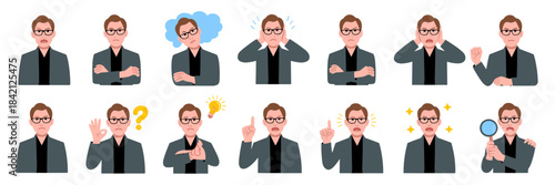 Professional Businessman Expressing Diverse Emotions and Ideas in Office Setting:  Vector Illustration Set for Business Presentations, Marketing Materials, and Corporate Communication, Featuring a Man