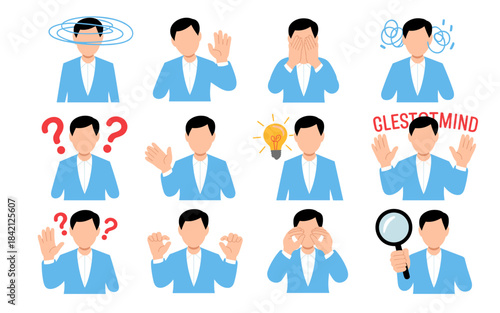 Business Professional Expressing Diverse Emotions and Concepts in a Corporate Environment: A Comprehensive Set of Man in Suit Illustrations for Presentations, Training, Marketing, and Web Design, Show
