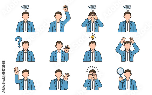 Business Professional Expressing Emotions & Problem-Solving in Office Setting: Diverse Male with Questions, Ideas, Confusion, Discovery – Vector Illustration for Corporate Presentations, Web Design, M