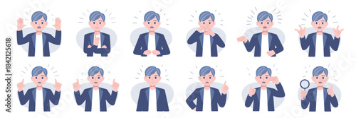 Expressive Businessman Demonstrating Varied Emotions and Actions in Modern Workplace Illustrations: Showing Discovery, Confusion, Success, and Guidance for Business Presentations, Marketing, and Websi
