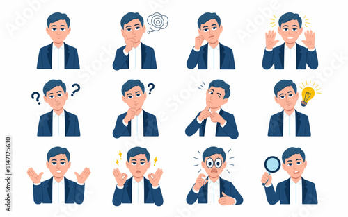 Diverse Businessman Expressions & Gestures: Character Demonstrating Problem Solving, Idea Generation & Communication in Modern Office Setting for Business Presentations & Marketing Materials (Illustra