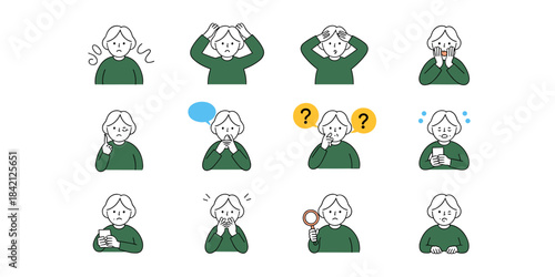 Worried Senior Woman Expressing Doubt and Confusion in Various Situations: Concerned Mature Character Displays Uncertainty, Contemplation and Anxiety in Simple Line Art Style for Healthcare, Education