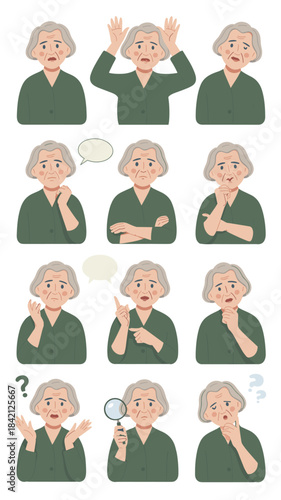 Senior Woman Character Emotions and Expressions: Puzzled Elderly Lady Searching, Questioning, Considering Options for Healthcare, Finance, Retirement Planning in a Variety of Poses and Situations. Tho