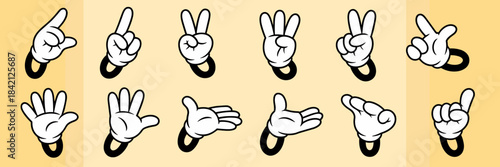 Cartoon Hand Gestures Indicating Numbers on Light Yellow Backdrop: Counting, Pointing, and Representing Numerical Sequence with Animated, Stylized Hands for Education & Playful Graphic Design, Modern