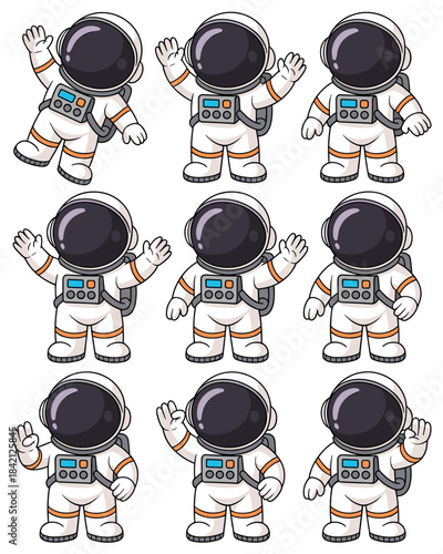 Cute Cartoon Astronauts Floating in Space and Waving, Ideal for Children's Education & STEM Material, Engaging Design for Kids Learning Materials and Educational Content, Modern Vector Graphics for Pr