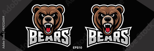 Fierce Brown Bear Mascot Roaring Aggressively with Sharp Teeth in Bold Cartoon Style on Black Backdrop for Sports Team Logo and Gaming Esports Design, Symbolizing Strength and Power in Graphic Arts Pr