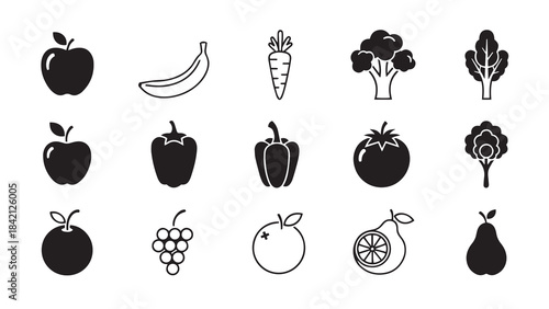 A hand drawn collection of various fruits and vegetables in black and white outline vector.