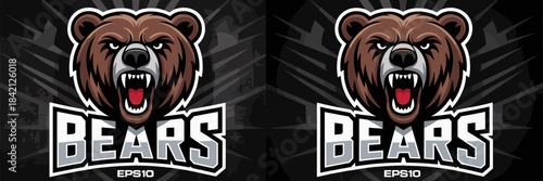 Fierce Brown Bear Mascot Roaring Aggressively with Sharp Teeth, Emblem on Grunge Background, Perfect for Sports Team Logo or Esports Branding. Powerful Animal Symbol Depicting Strength for Marketing &