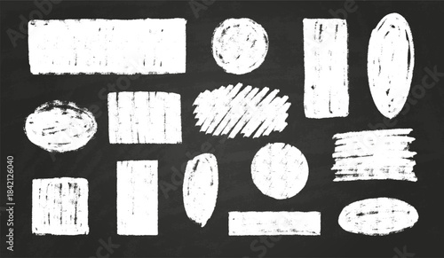 White chalk vector set of geometric shapes on black background, scribble round, rectangle figure chalk board kid drawing